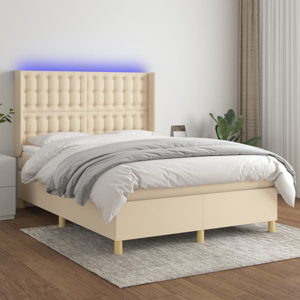 kontinentalseng med LED-lys 140x190 cm stof cremefarvet