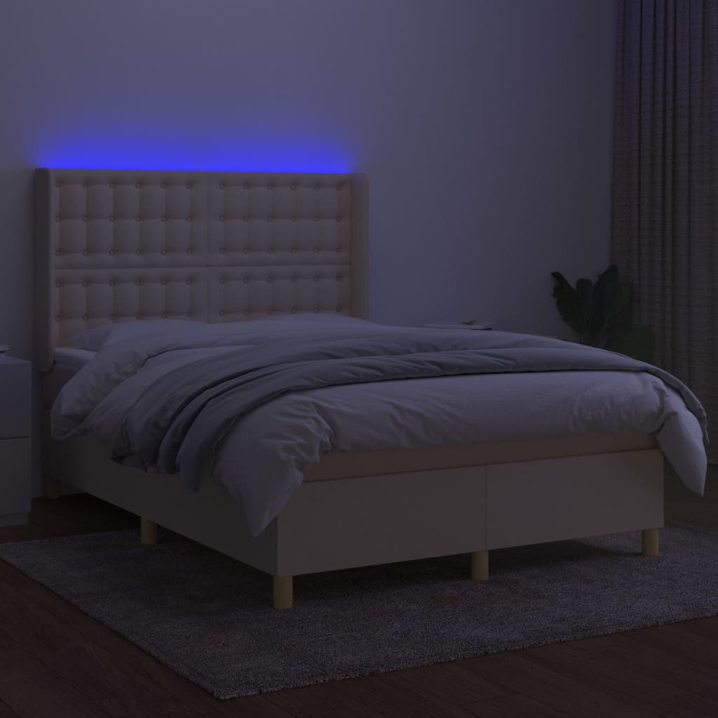 kontinentalseng med LED-lys 140x200 cm stof cremefarvet