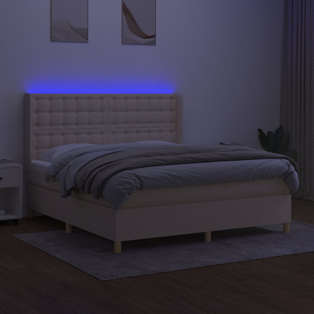 kontinentalseng med LED-lys 160x200 cm stof cremefarvet