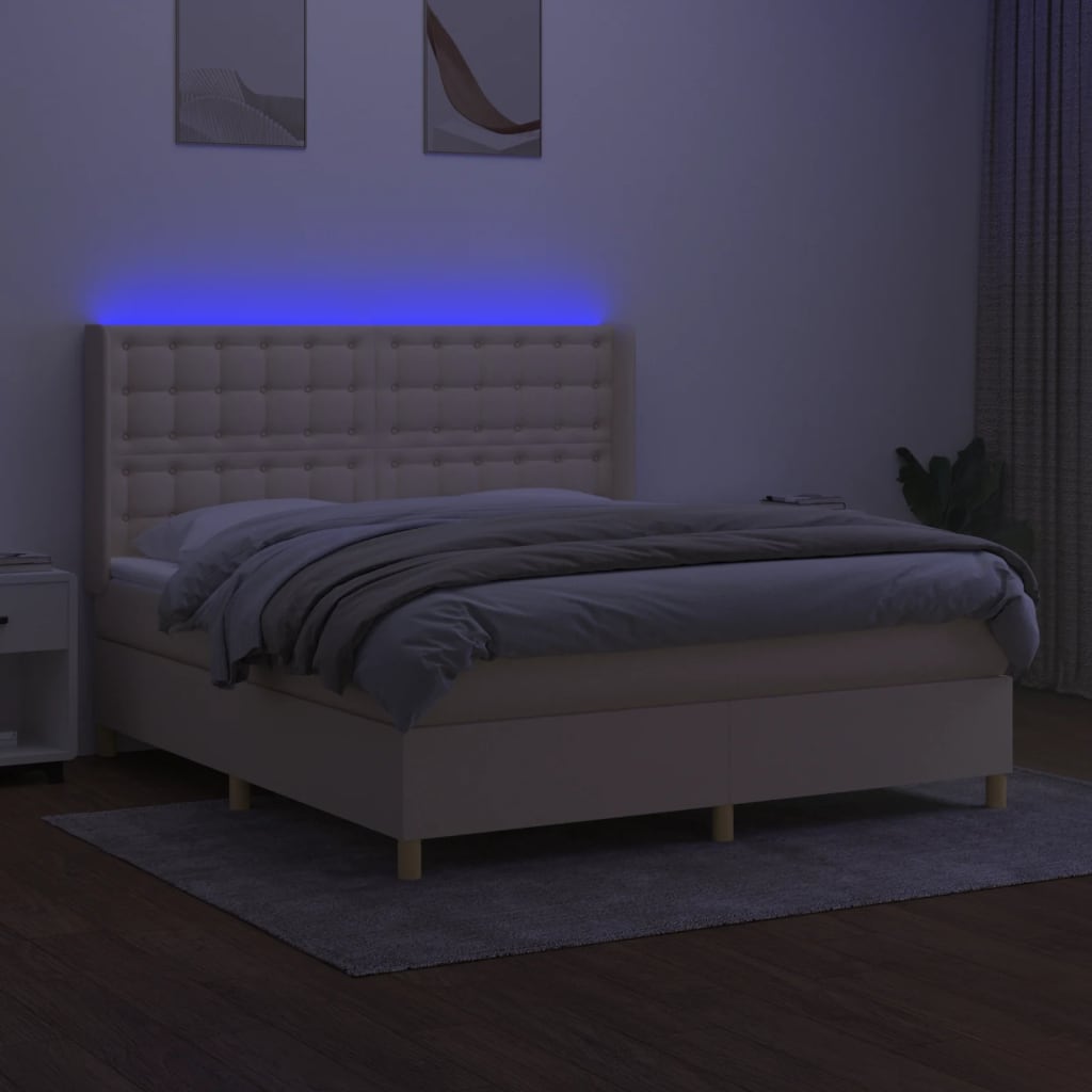 kontinentalseng med LED-lys 180x200 cm stof cremefarvet