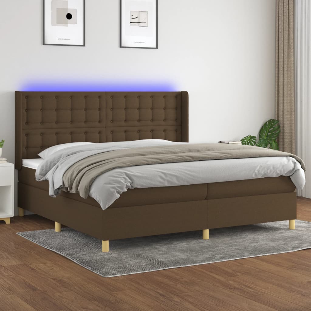 kontinentalseng med LED-lys 200x200 cm stof mørkebrun