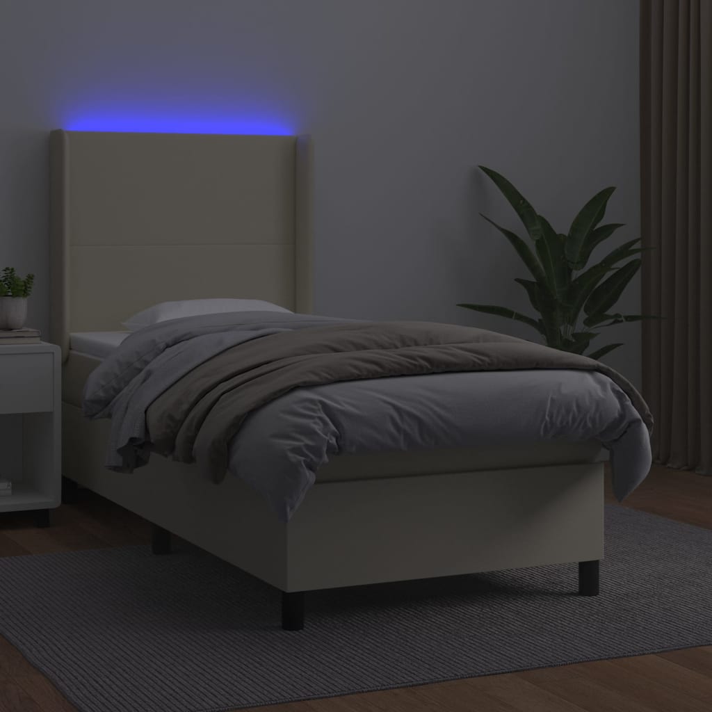 kontinentalseng med LED-lys 90x200 cm kunstlæder cremefarvet