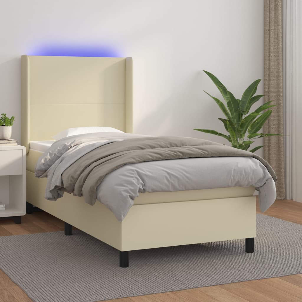 kontinentalseng med LED-lys 90x200 cm kunstlæder cremefarvet