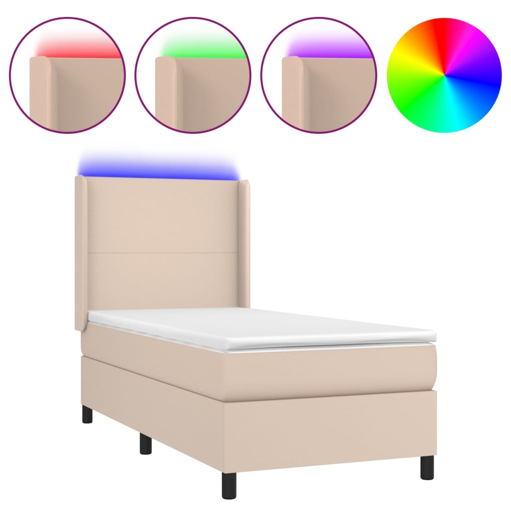 kontinentalseng LED-lys 90x200 cm kunstlæder cappuccinofarvet