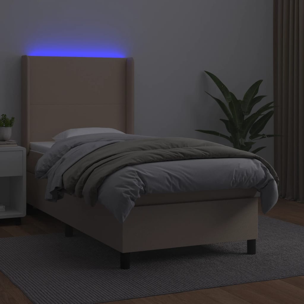 kontinentalseng LED-lys 90x200 cm kunstlæder cappuccinofarvet