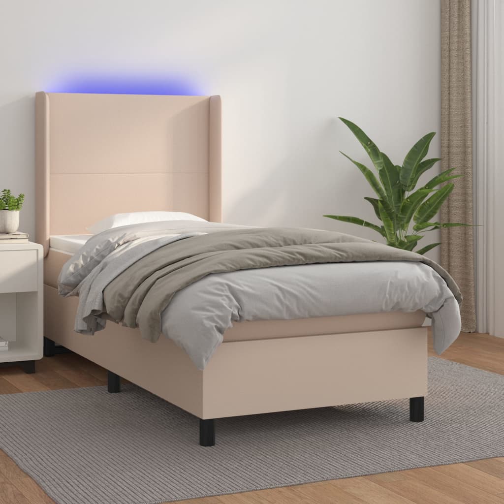 kontinentalseng LED-lys 100x200 cm kunstlæder cappuccinofarvet