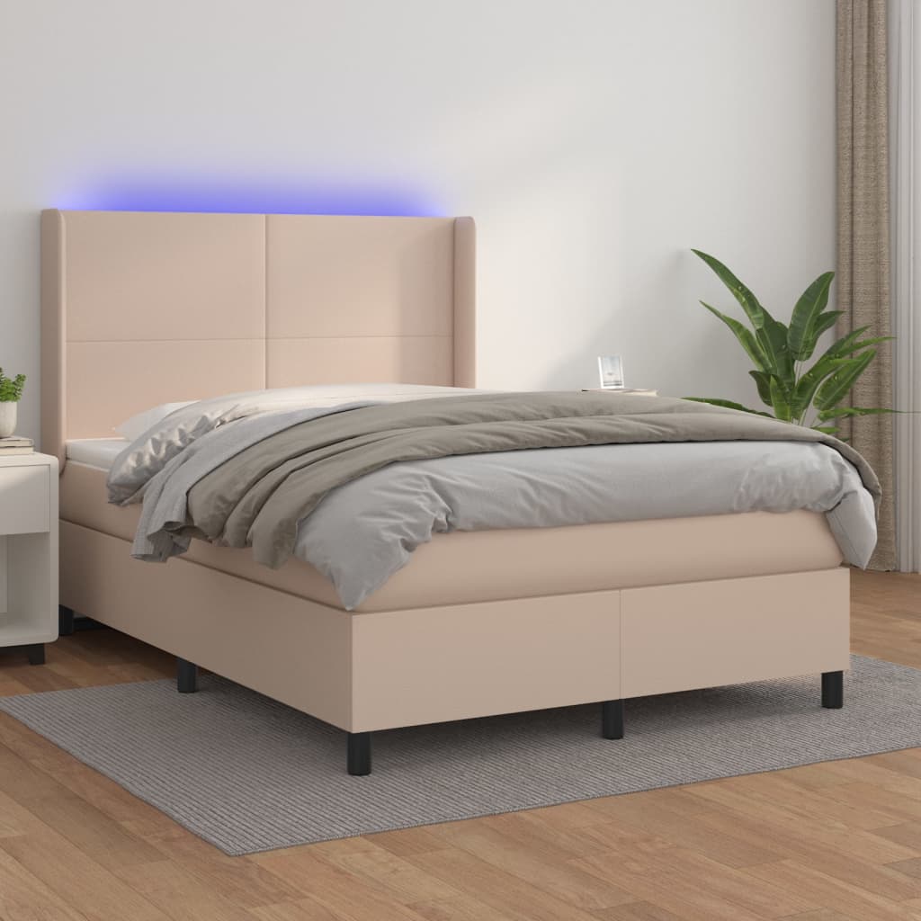 kontinentalseng LED-lys 140x190 cm kunstlæder cappuccinofarvet