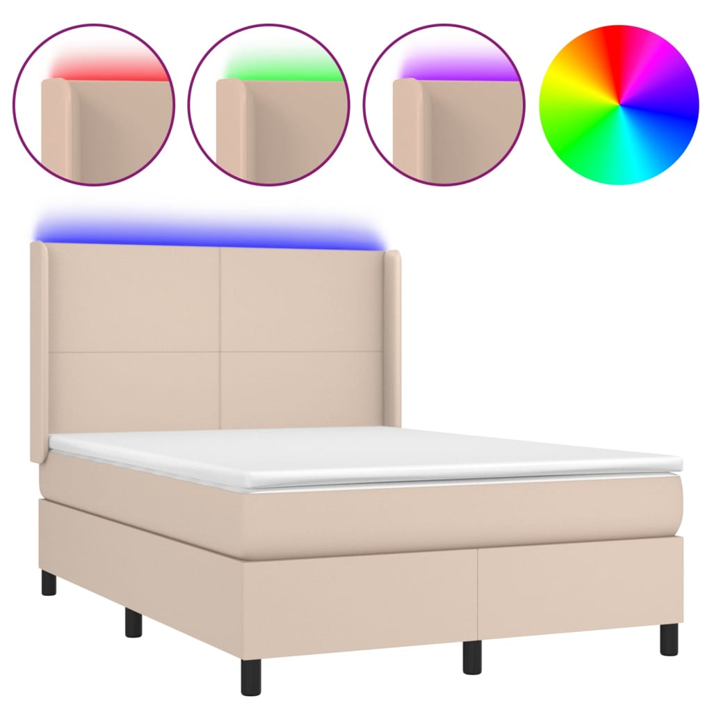 kontinentalseng LED-lys 140x200 cm kunstlæder cappuccinofarvet