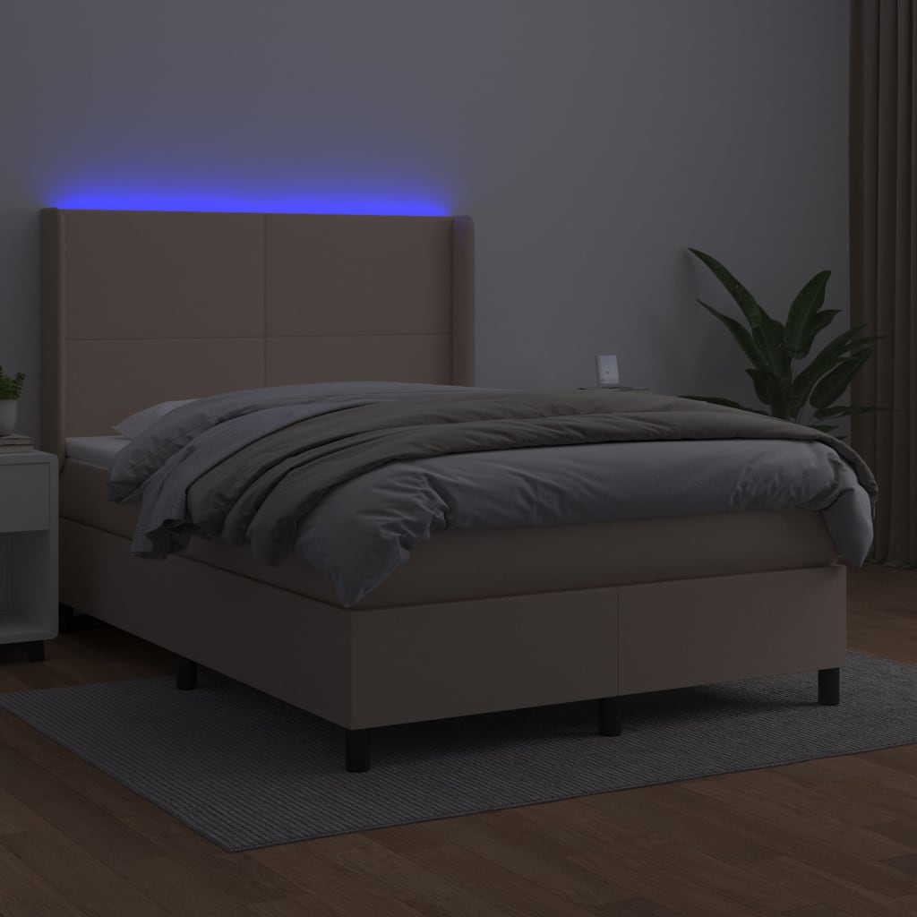 kontinentalseng LED-lys 140x200 cm kunstlæder cappuccinofarvet