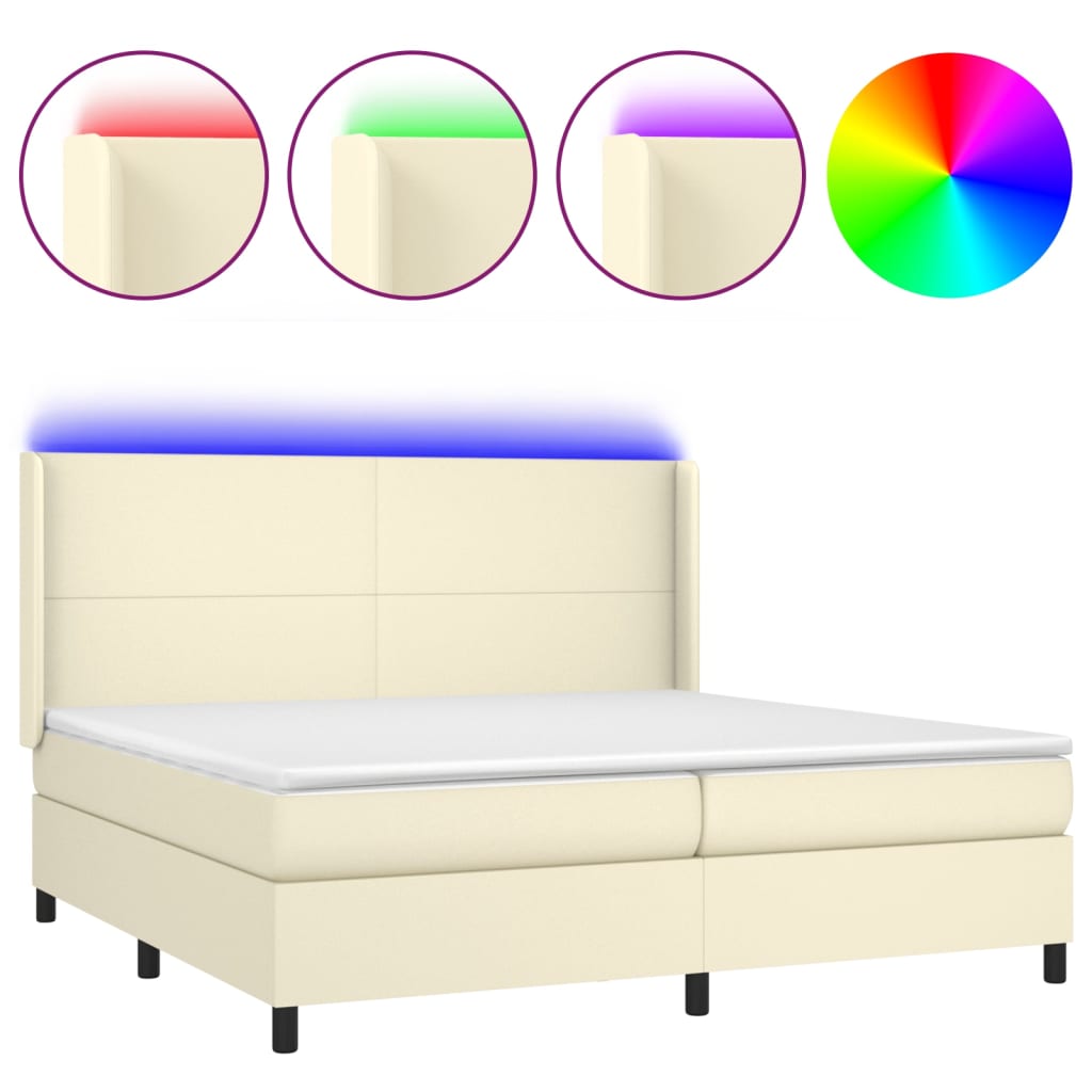 kontinentalseng med LED-lys 200x200 cm kunstlæder cremefarvet