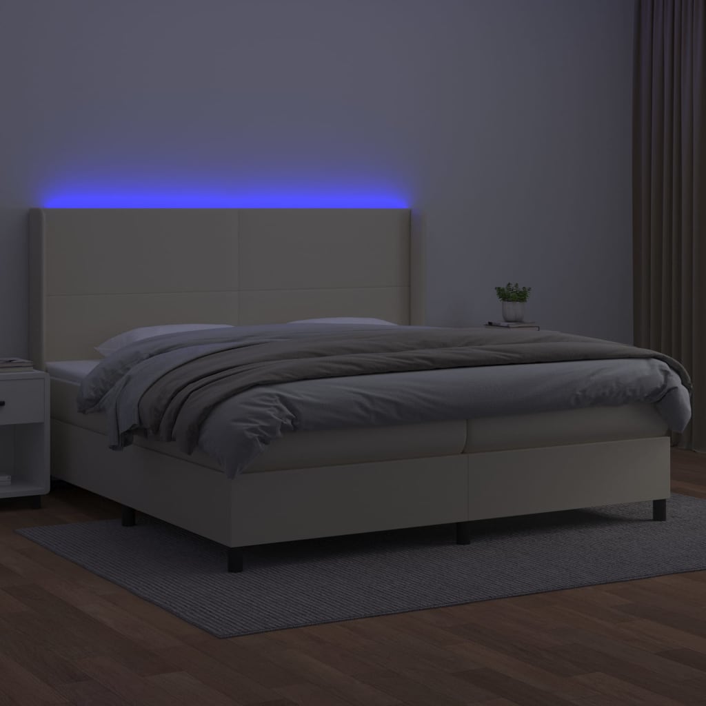 kontinentalseng med LED-lys 200x200 cm kunstlæder cremefarvet