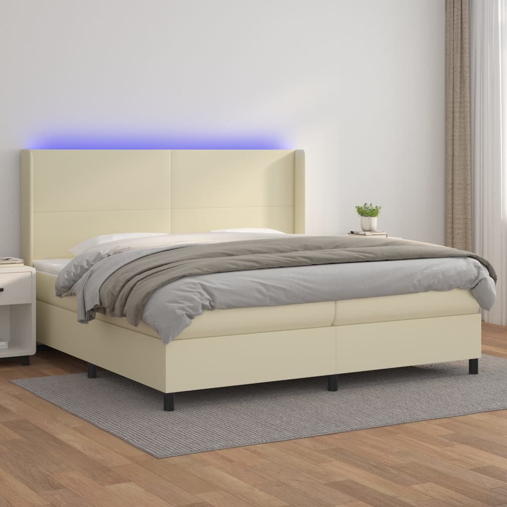 kontinentalseng med LED-lys 200x200 cm kunstlæder cremefarvet