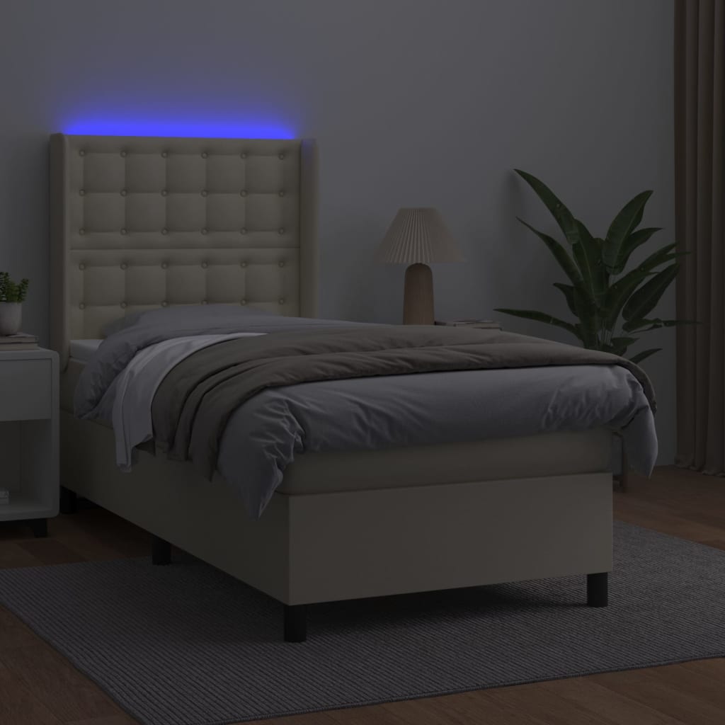 kontinentalseng med LED-lys 90x200 cm kunstlæder cremefarvet