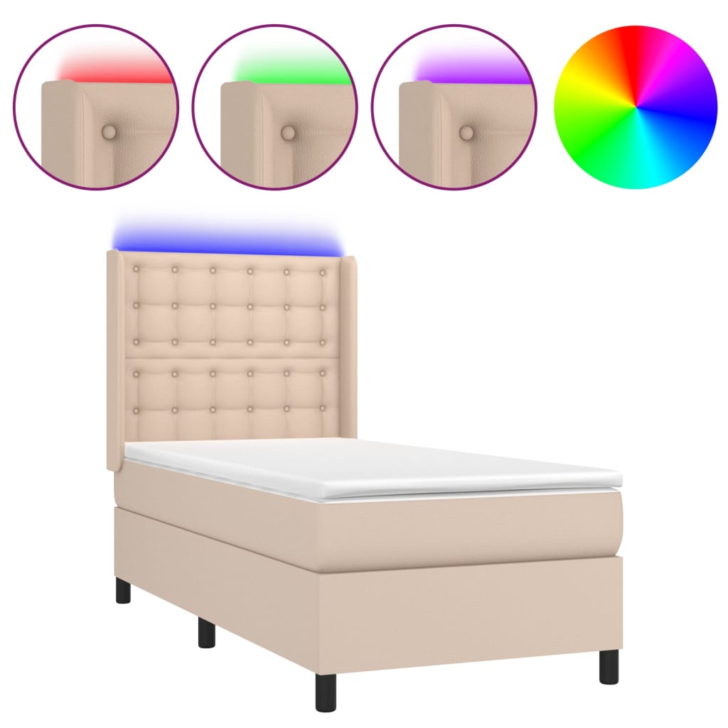 kontinentalseng LED-lys 90x200 cm kunstlæder cappuccinofarvet