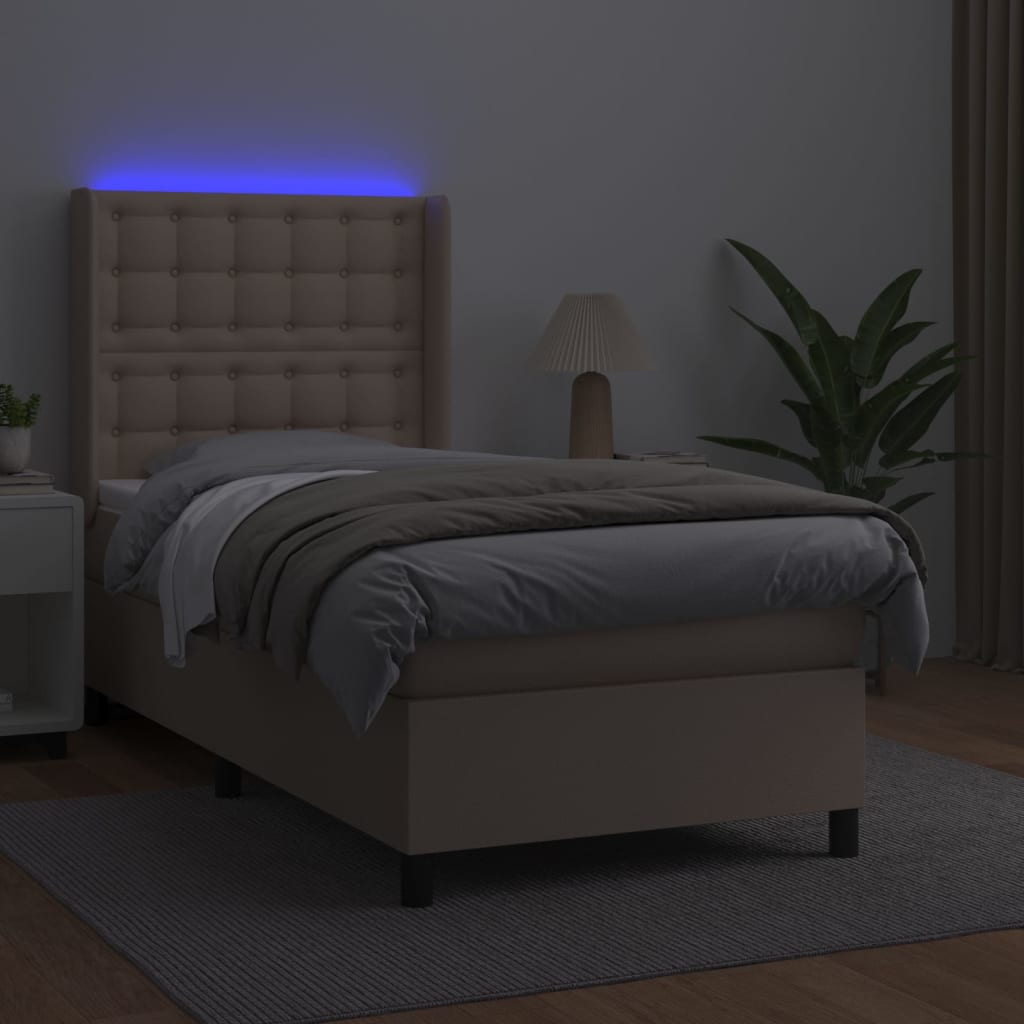 kontinentalseng LED-lys 90x200 cm kunstlæder cappuccinofarvet
