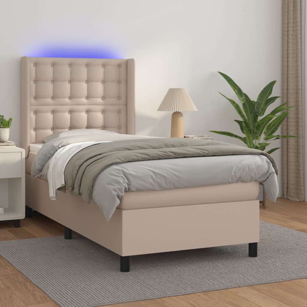 kontinentalseng LED-lys 90x200 cm kunstlæder cappuccinofarvet