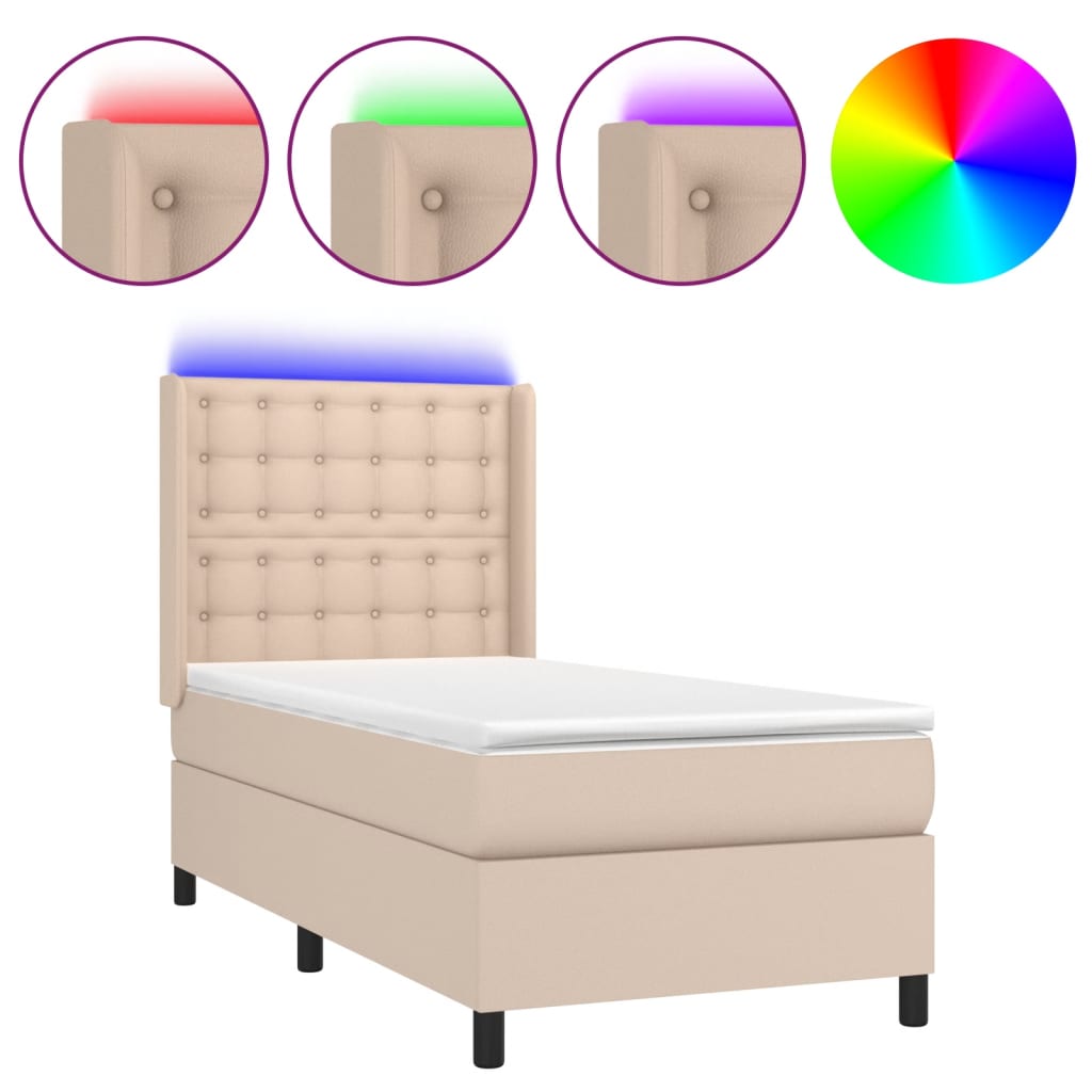 kontinentalseng LED-lys 100x200 cm kunstlæder cappuccinofarvet