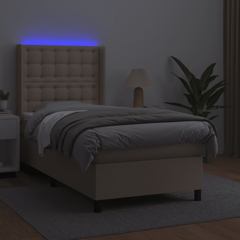 kontinentalseng LED-lys 100x200 cm kunstlæder cappuccinofarvet