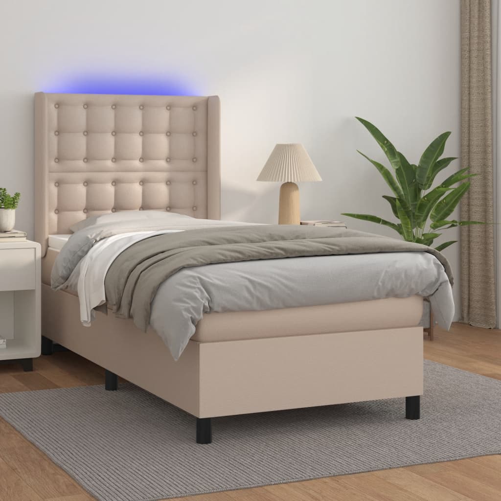 kontinentalseng LED-lys 100x200 cm kunstlæder cappuccinofarvet billede