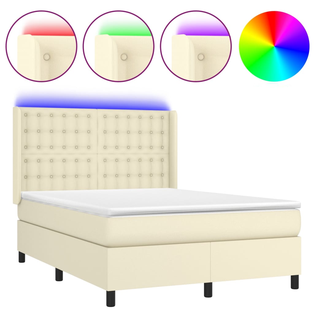 kontinentalseng med LED-lys 140x190 cm kunstlæder cremefarvet