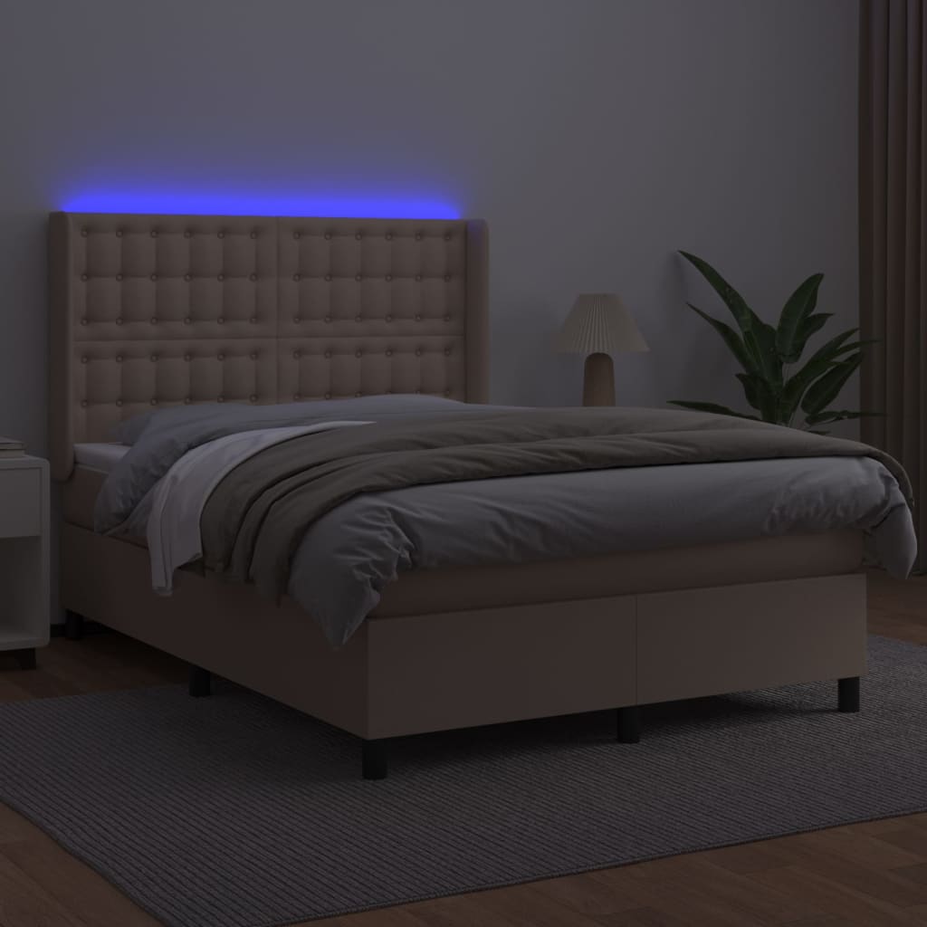 kontinentalseng LED-lys 140x190 cm kunstlæder cappuccinofarvet