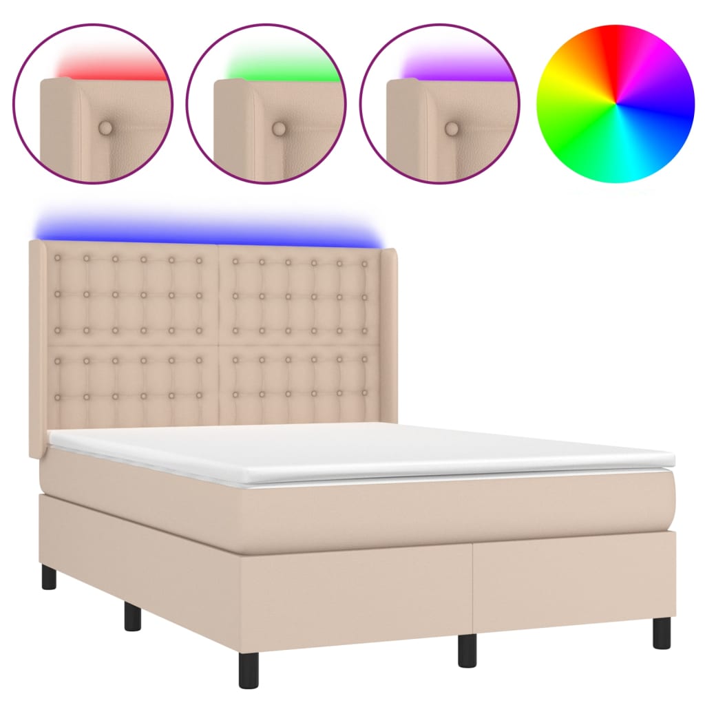 kontinentalseng LED-lys 140x200 cm kunstlæder cappuccinofarvet