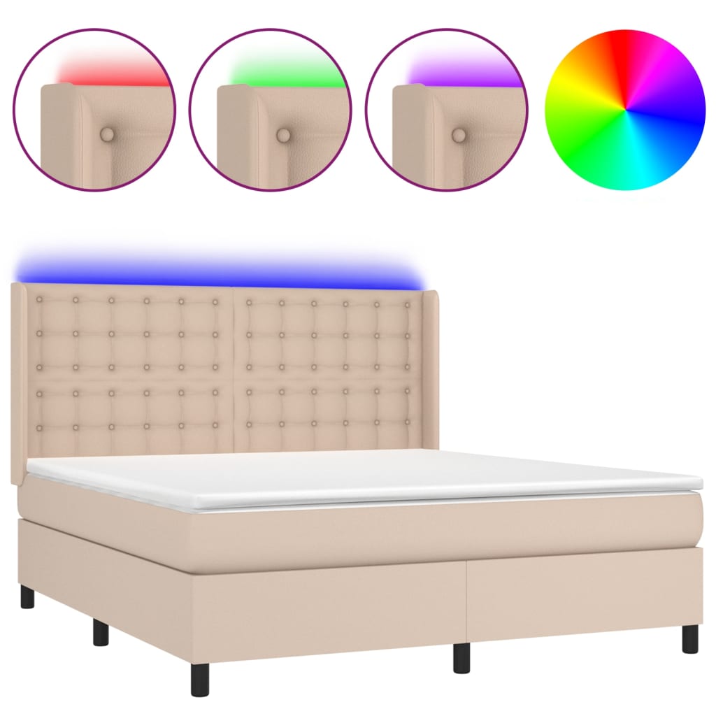 kontinentalseng LED-lys 160x200 cm kunstlæder cappuccinofarvet