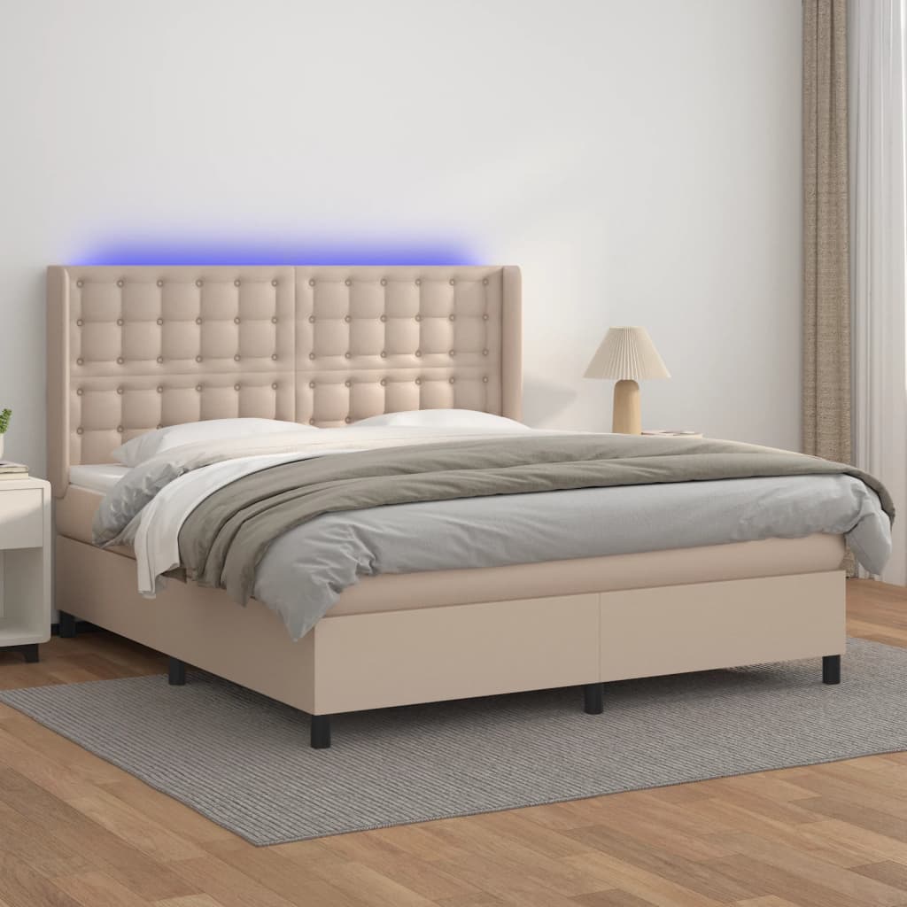 kontinentalseng LED-lys 160x200 cm kunstlæder cappuccinofarvet
