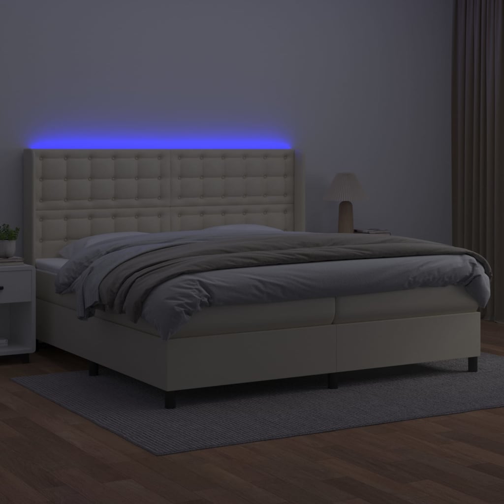 kontinentalseng med LED-lys 200x200 cm kunstlæder cremefarvet