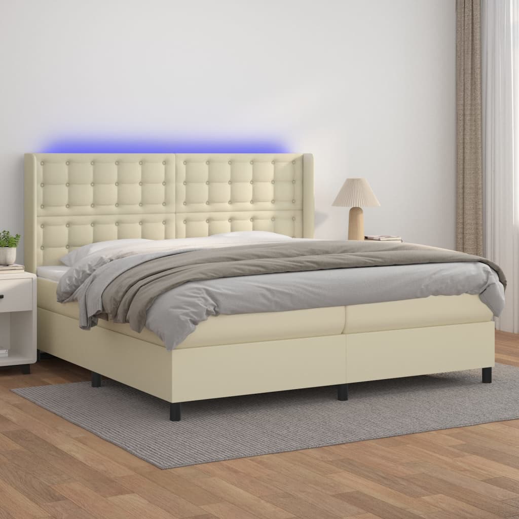 kontinentalseng med LED-lys 200x200 cm kunstlæder cremefarvet