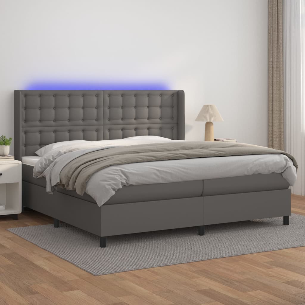 kontinentalseng med LED-lys 200x200 cm kunstlæder grå
