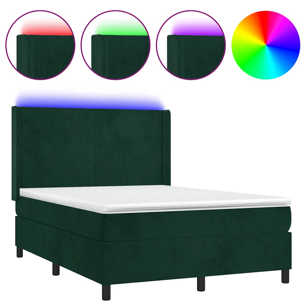 kontinentalseng med LED-lys 140x190 cm fløjl mørkegrøn