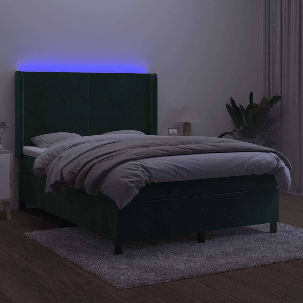 kontinentalseng med LED-lys 140x190 cm fløjl mørkegrøn