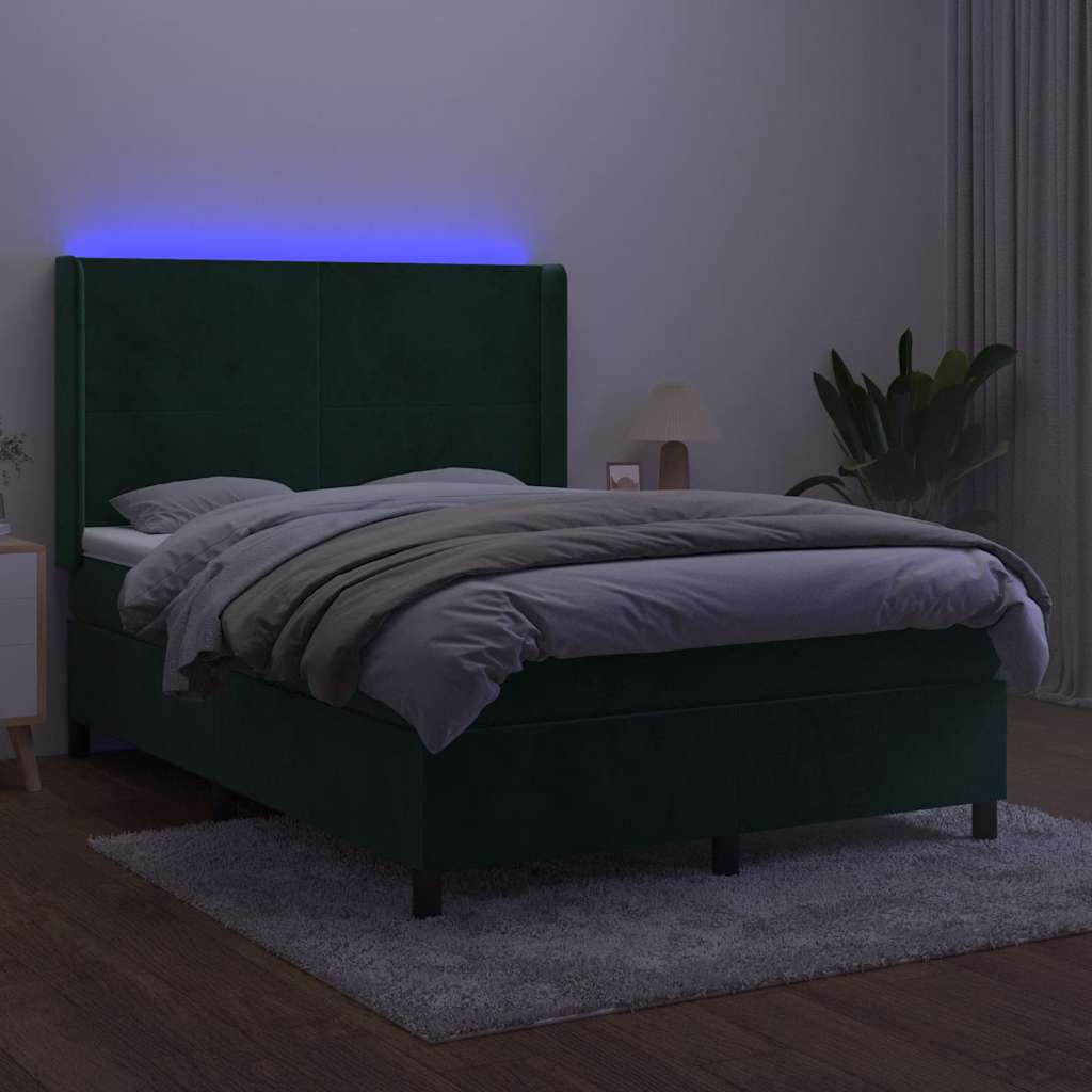 kontinentalseng med LED-lys 140x200 cm fløjl mørkegrøn