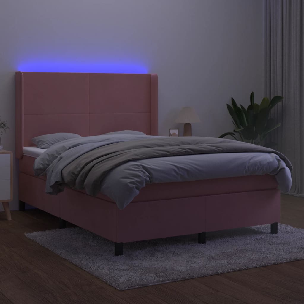 kontinentalseng med LED-lys 140x200 cm fløjl lyserød