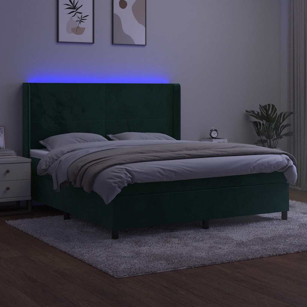 kontinentalseng med LED-lys 160x200 cm fløjl mørkegrøn