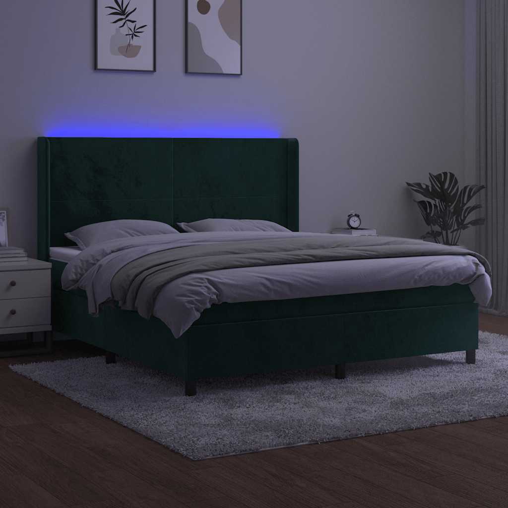 kontinentalseng med LED-lys 180x200 cm fløjl mørkegrøn