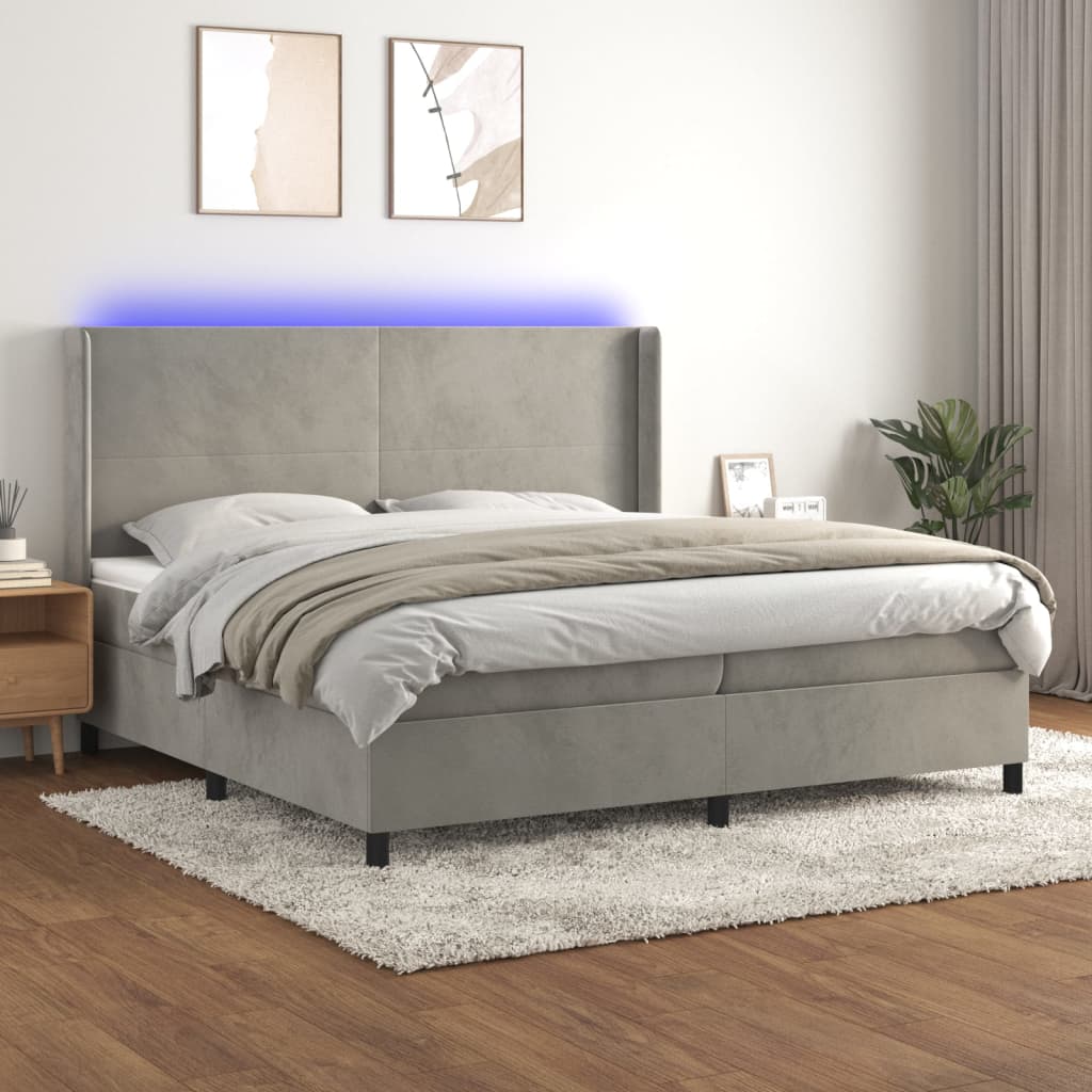 kontinentalseng med LED-lys 200x200 cm fløjl lysegrå