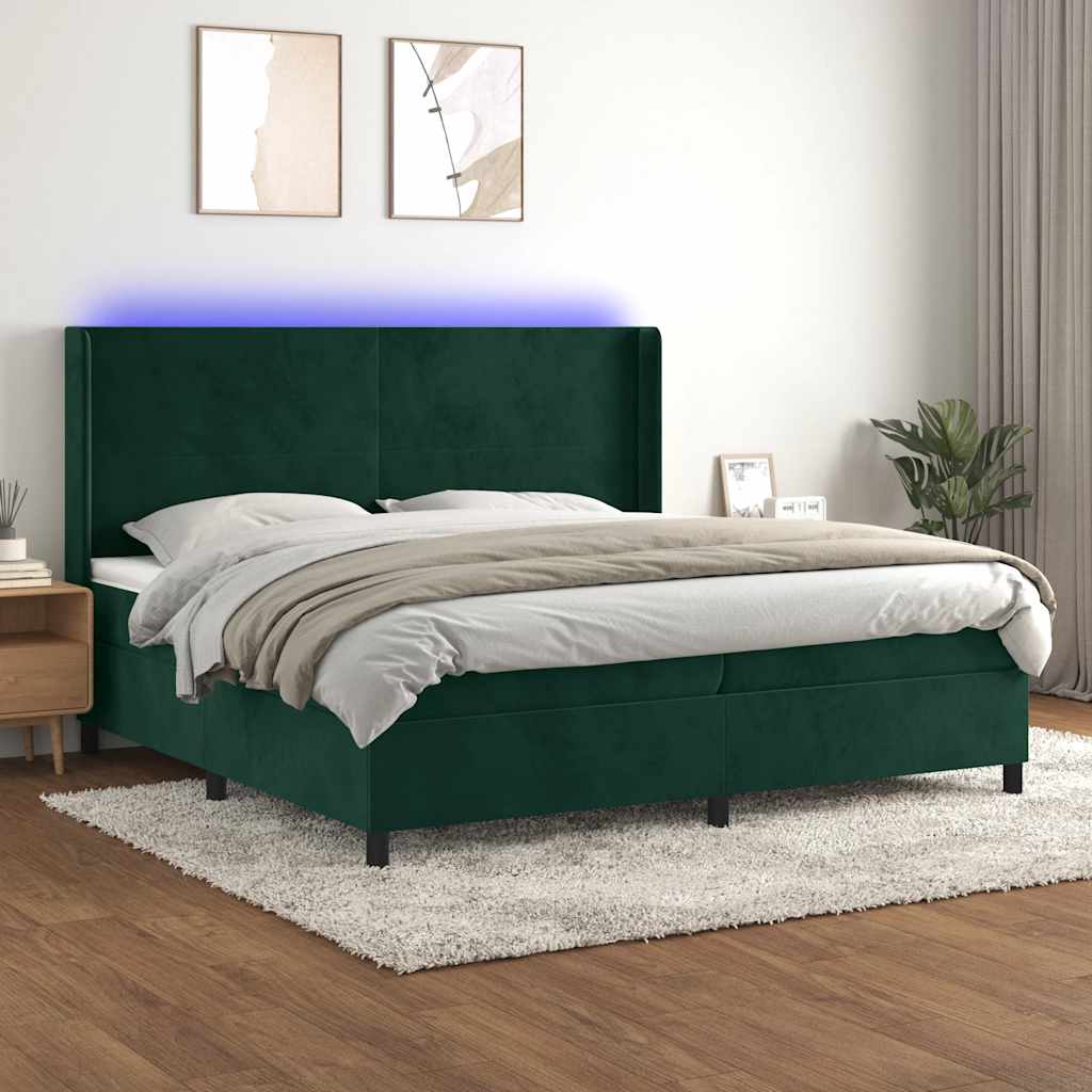 kontinentalseng med LED-lys 200x200 cm fløjl mørkegrøn