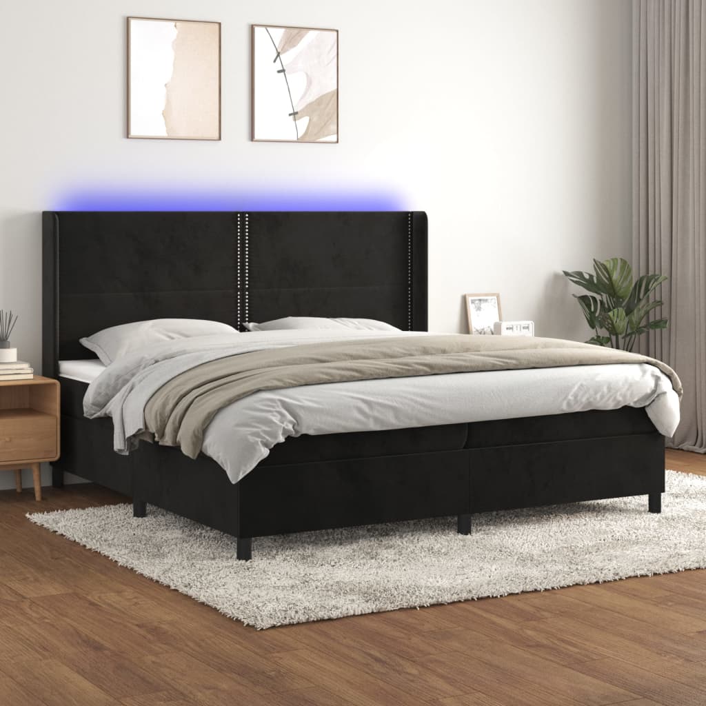 kontinentalseng med LED-lys 200x200 cm fløjl sort