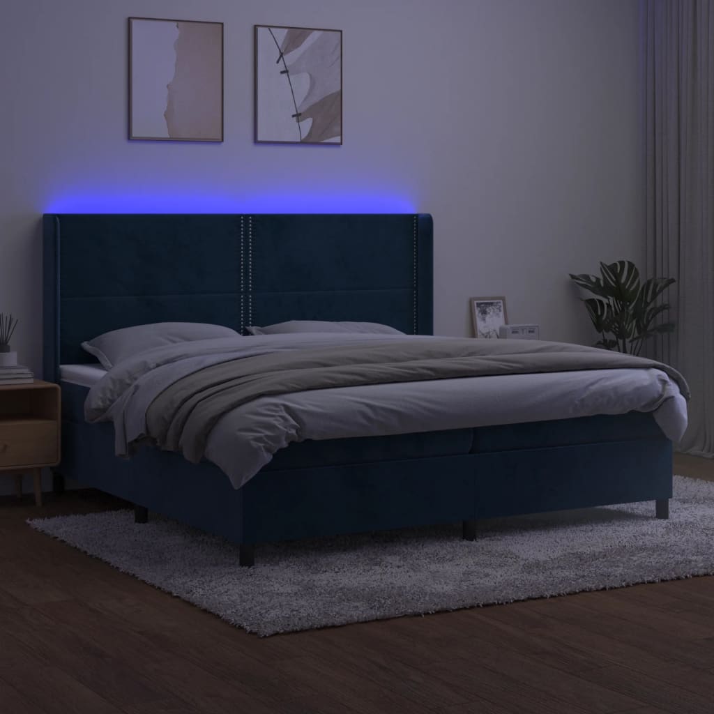 kontinentalseng med LED-lys 200x200 cm fløjl mørkeblå