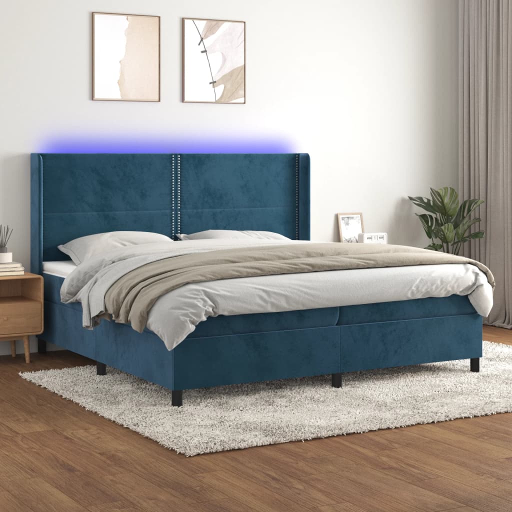 kontinentalseng med LED-lys 200x200 cm fløjl mørkeblå
