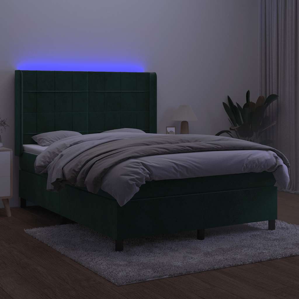 kontinentalseng med LED-lys 140x190 cm fløjl mørkegrøn