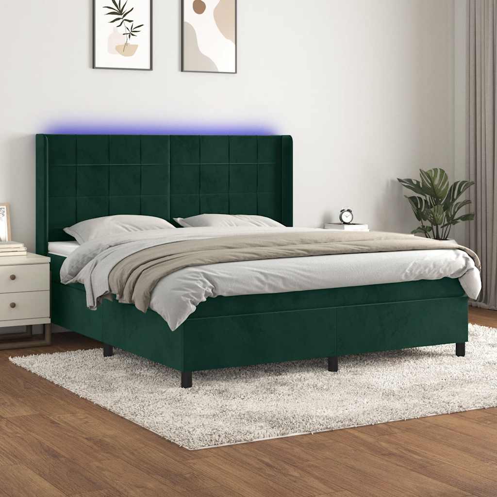 kontinentalseng med LED-lys 160x200 cm fløjl mørkegrøn
