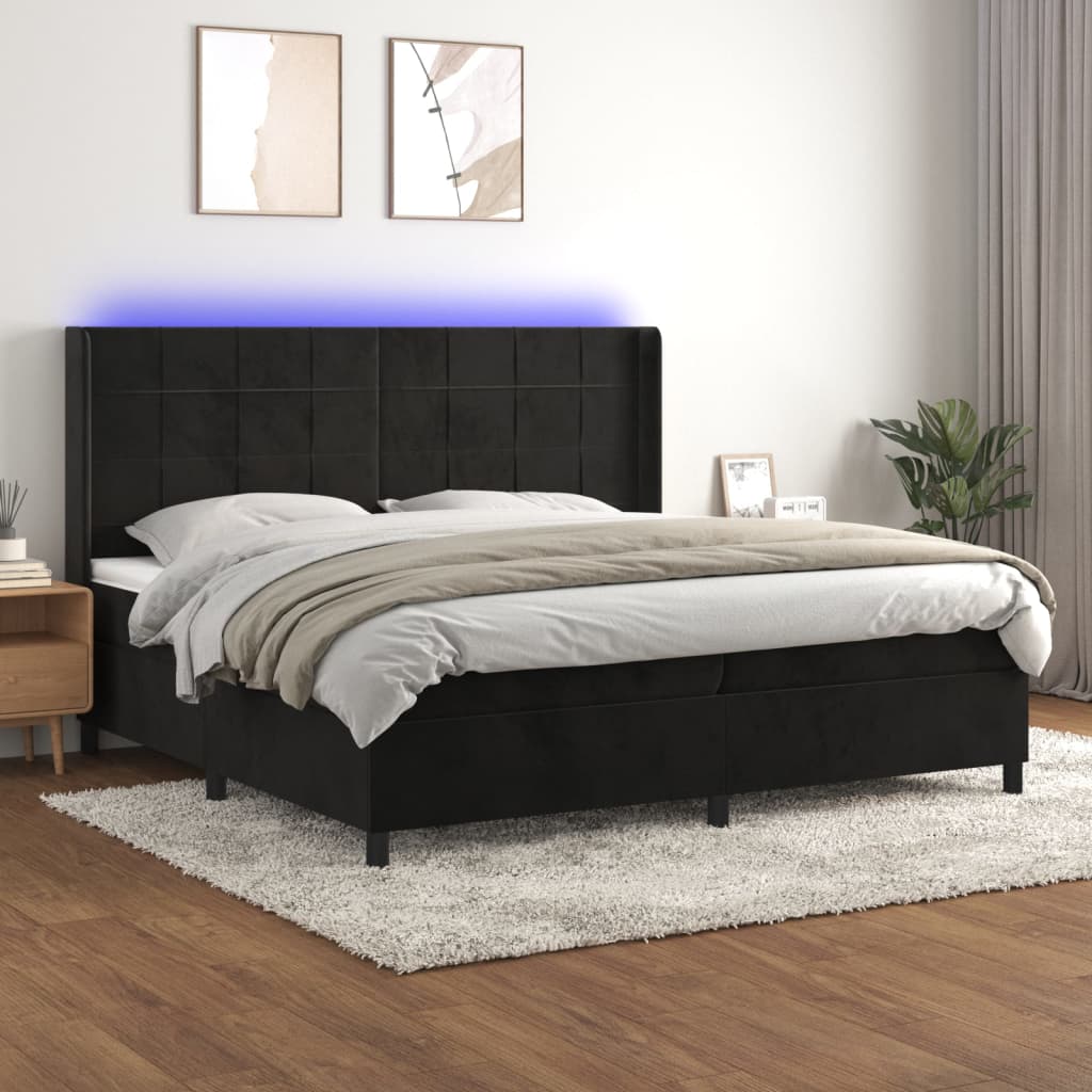 kontinentalseng med LED-lys 200x200 cm fløjl sort