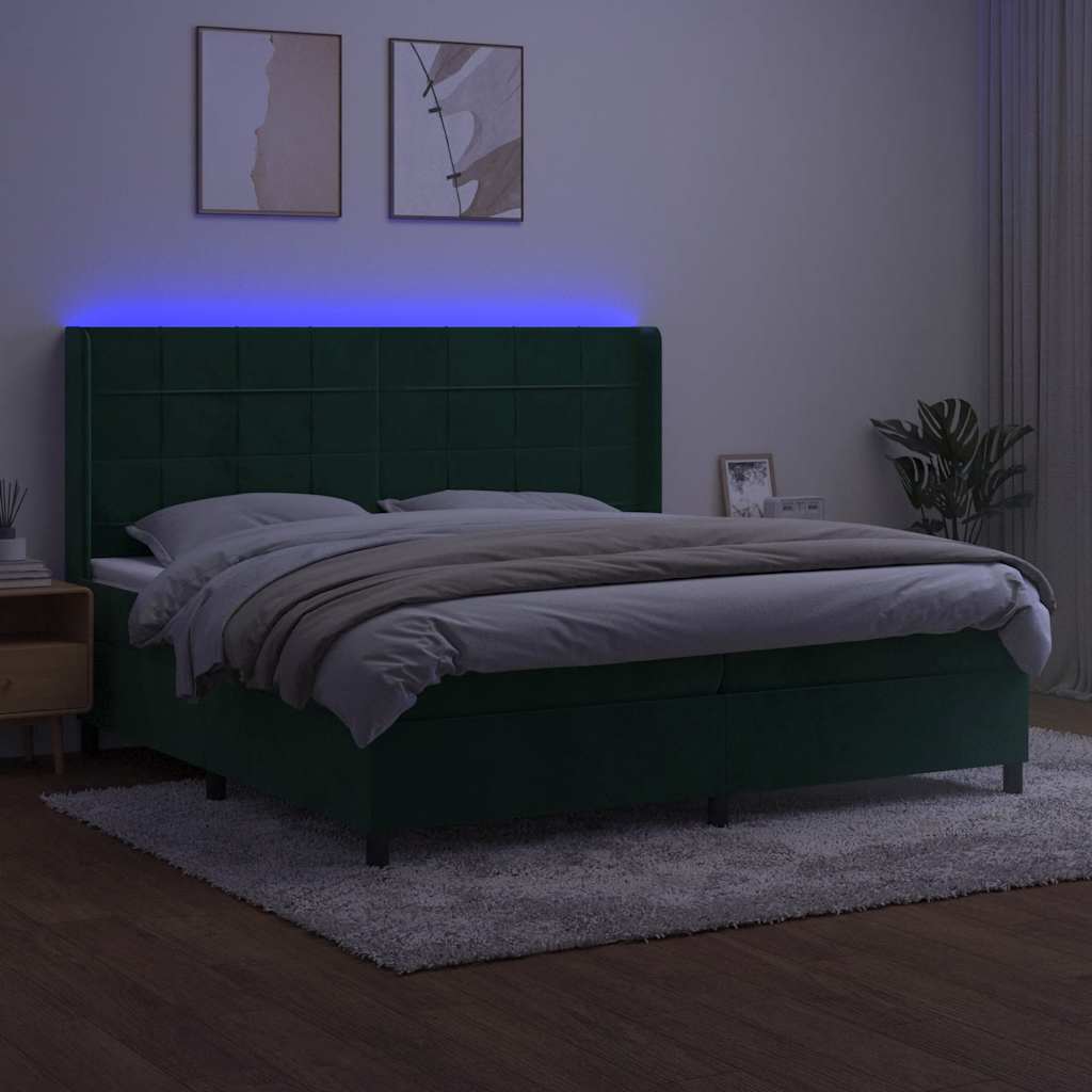 kontinentalseng med LED-lys 200x200 cm fløjl mørkegrøn