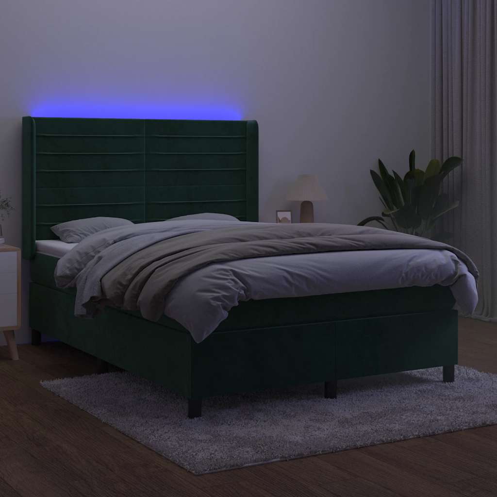 kontinentalseng med LED-lys 140x190 cm fløjl mørkegrøn