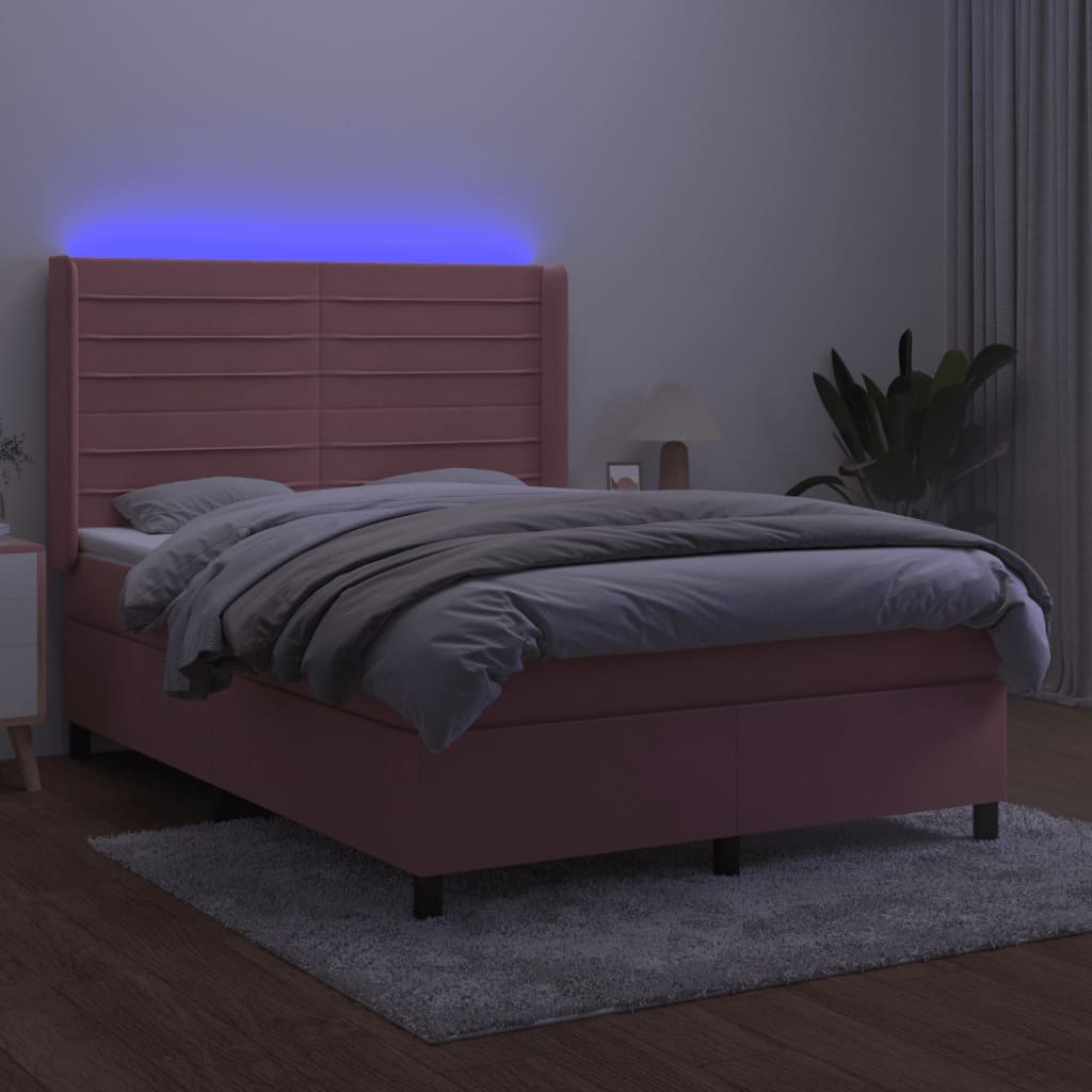 kontinentalseng med LED-lys 140x190 cm fløjl lyserød