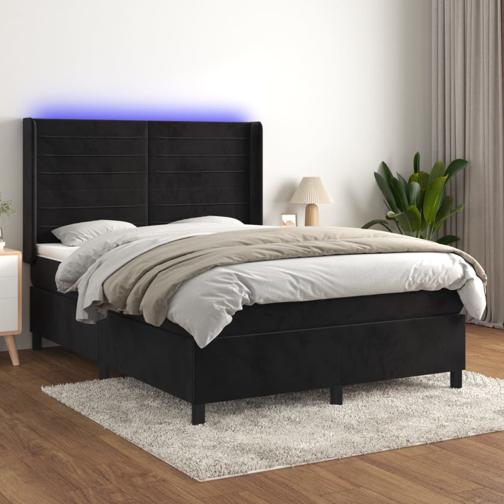 kontinentalseng med LED-lys 140x200 cm fløjl sort