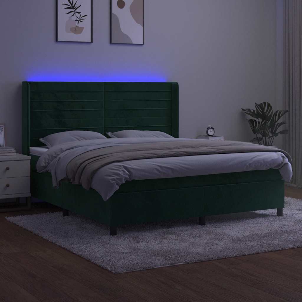 kontinentalseng med LED-lys 160x200 cm fløjl mørkegrøn